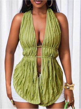 Fashion Nova Olive Green Crinkled Halter Plunge Top